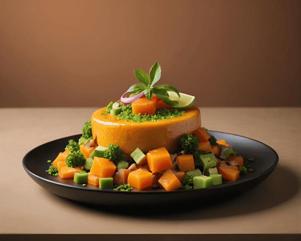 Gourmet layered cake with orange sauce and lime garnish