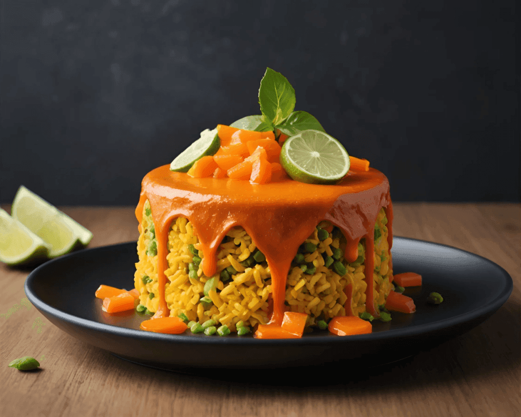 Artistic plated dessert with fresh vegetables and herbs